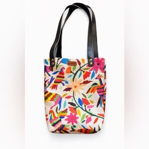 Caro Gordillo Otomi Embroidered Tote Colorful Birds Floral Canvas Leather Straps